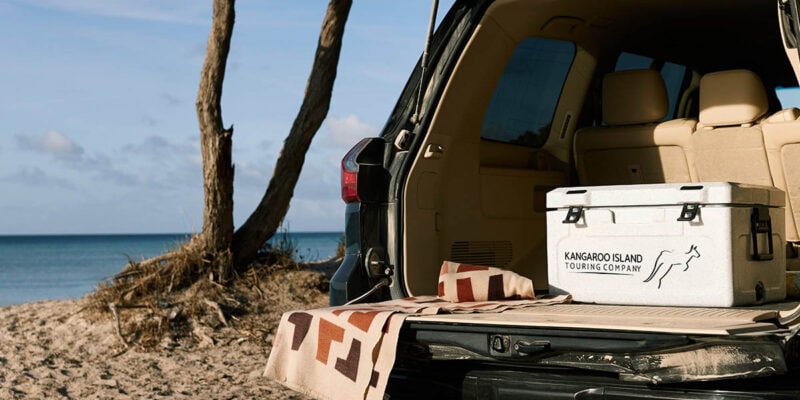 An esky in the back of a vehicle by the beach on tour with Kangaroo Island Touring Company.