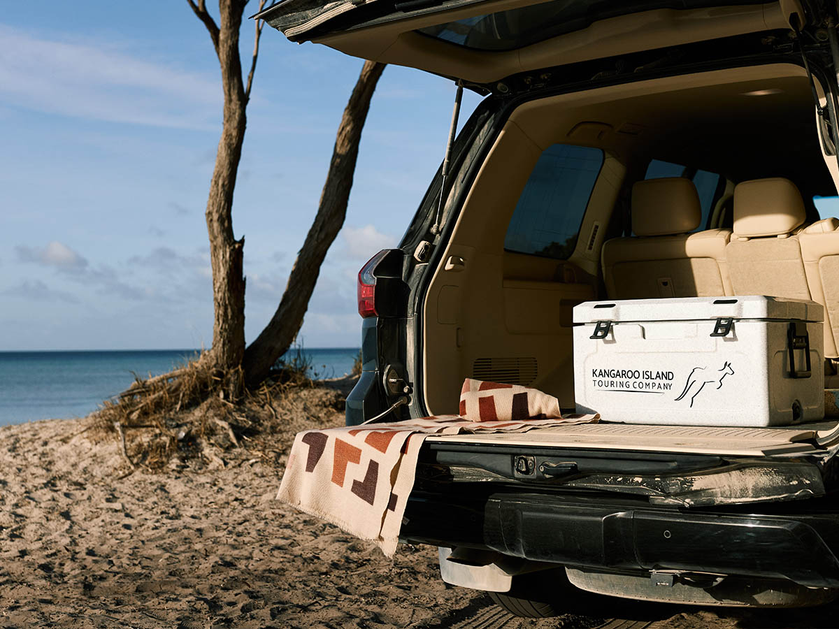 An esky in the back of a vehicle by the beach on tour with Kangaroo Island Touring Company.