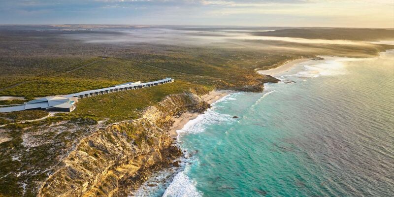 An aerial shot of Southern Ocean Lodge on Kangaroo Island