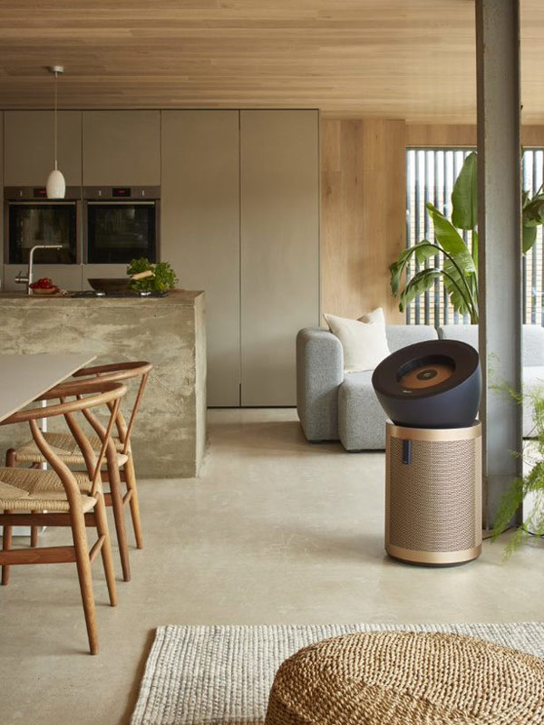 Dyson Big+Quiet formaldehyde air purifier in a kitchen and living room
