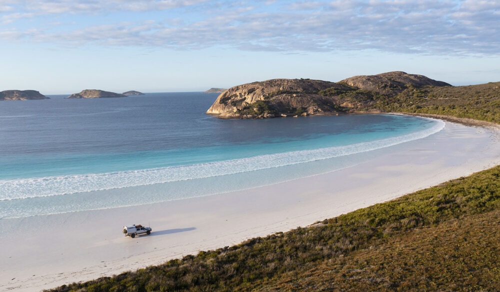 Aerial View of a 4WD driving on Lucky Bay, Esperance