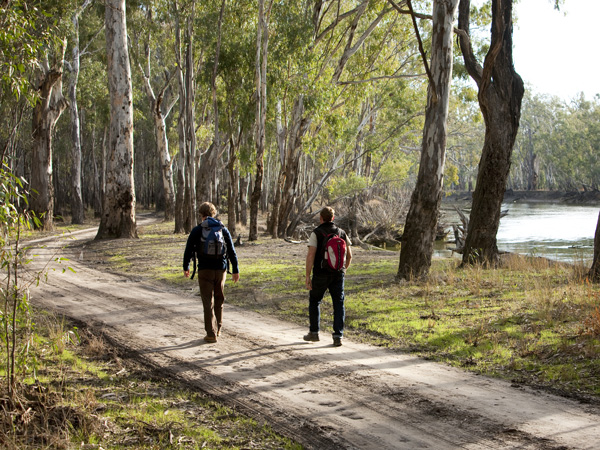 Hikers walking along the Murray River in Victoria