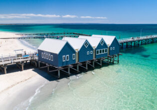 an aerial view of the Busselton Jetty, Geographe Bay