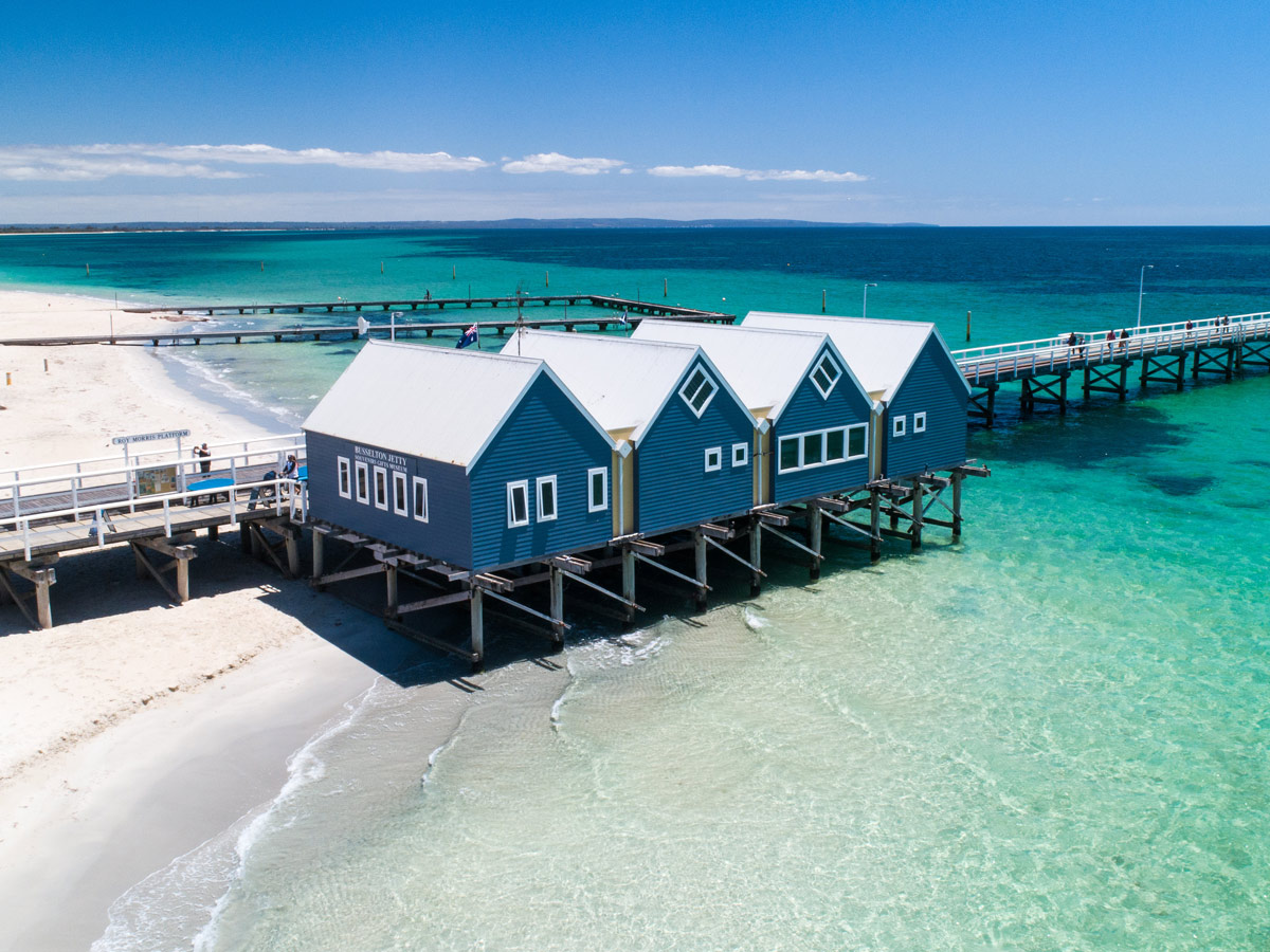 an aerial view of the Busselton Jetty, Geographe Bay