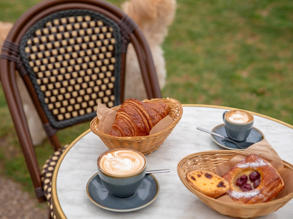 a French breakfast with pastries and coffee at Le Capucin, Mornington Peninsula