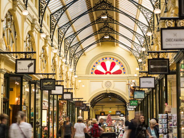 the grand ceiling inside the Royal Arcade, Melbourne