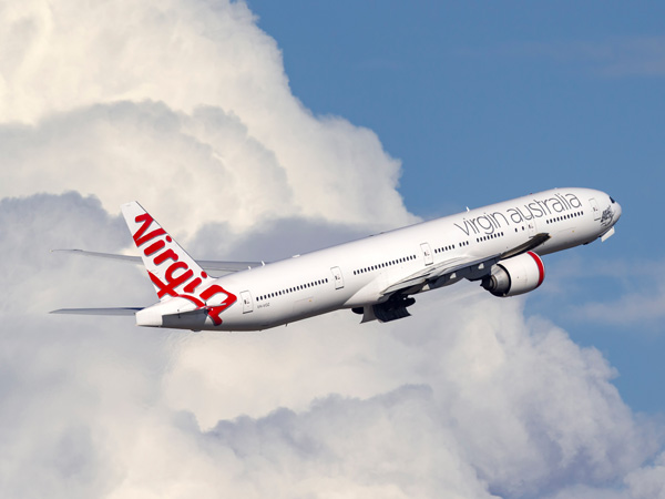 Virgin plane taking off from airport