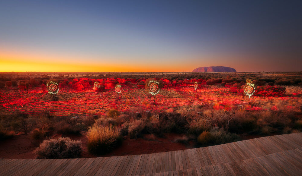 the Uluru landscape at sunrise