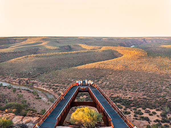 An aerial view of the Kalbarri Skywalk, one of the secret places in Western Australia, with visitors on the edge.