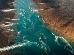 aerial view of boat going along Montgomery Reef
