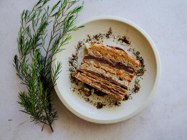 a slice of paperbark cake at Hearthe