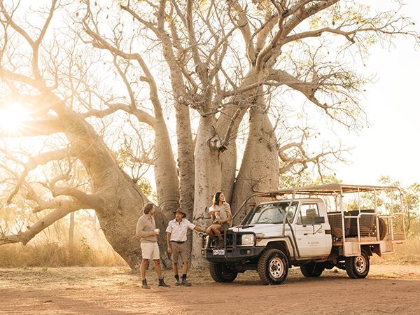 A group of people stand beside a tree, with a car parked nearby, taking in the surrounding natural beauty.