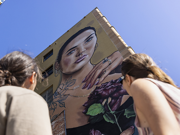 Friends take in Newcastle Street Art.