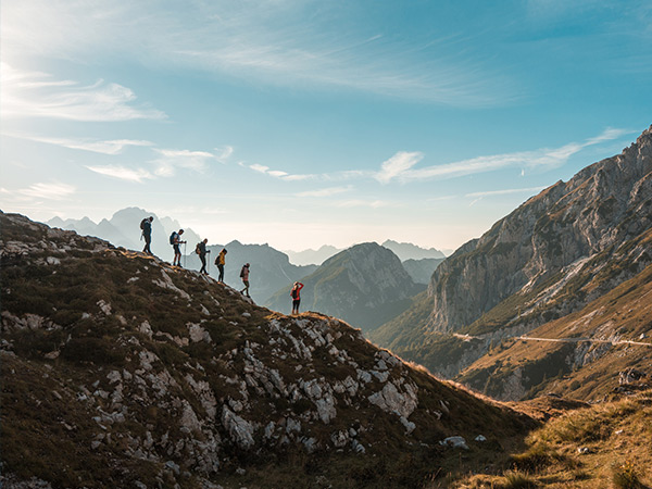 With backpacks and hiking poles, diverse friends trek together on a sunny day