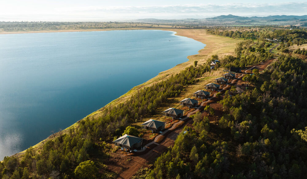 Aerial view of eight new Wilderluxe glamping tents at Lake Keepit