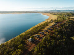 Aerial view of eight new Wilderluxe glamping tents at Lake Keepit