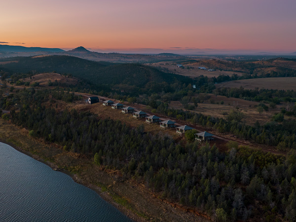 Aerial view of Wilderluxe Lake Keepit at dusk