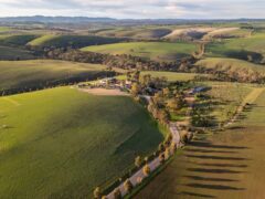 An aerial view of the rolling fields at Kingsford The Barossa.