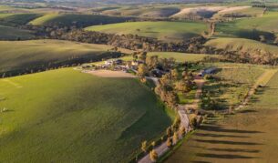 An aerial view of the rolling fields at Kingsford The Barossa.