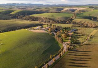An aerial view of the rolling fields at Kingsford The Barossa.