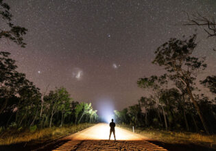 a person standing on the Savannah Way under the stars