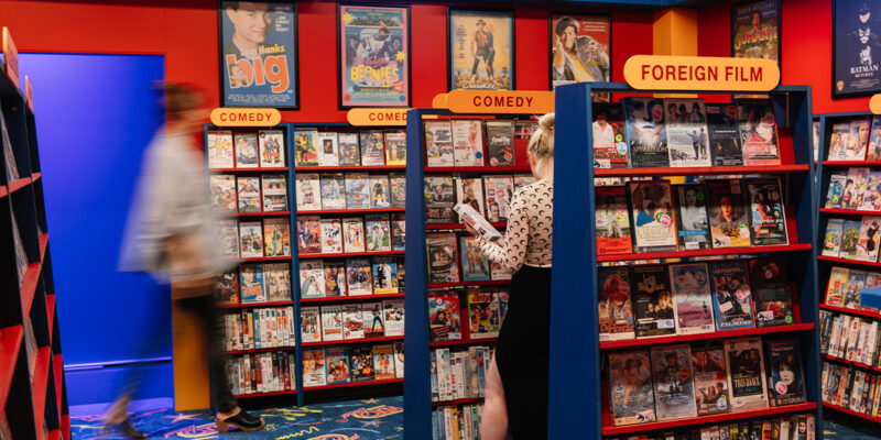 A full-scale replica of a 90s video store.
