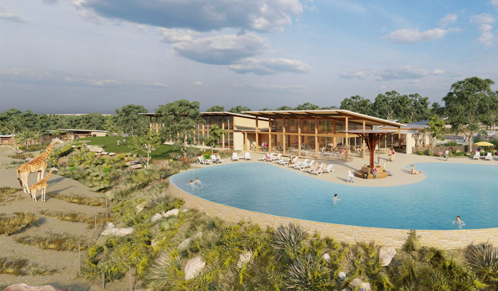 Serengetti resort pool render Taronga Western Plains Zoo