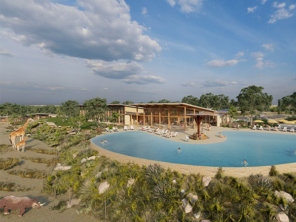 Serengetti resort pool render Taronga Western Plains Zoo